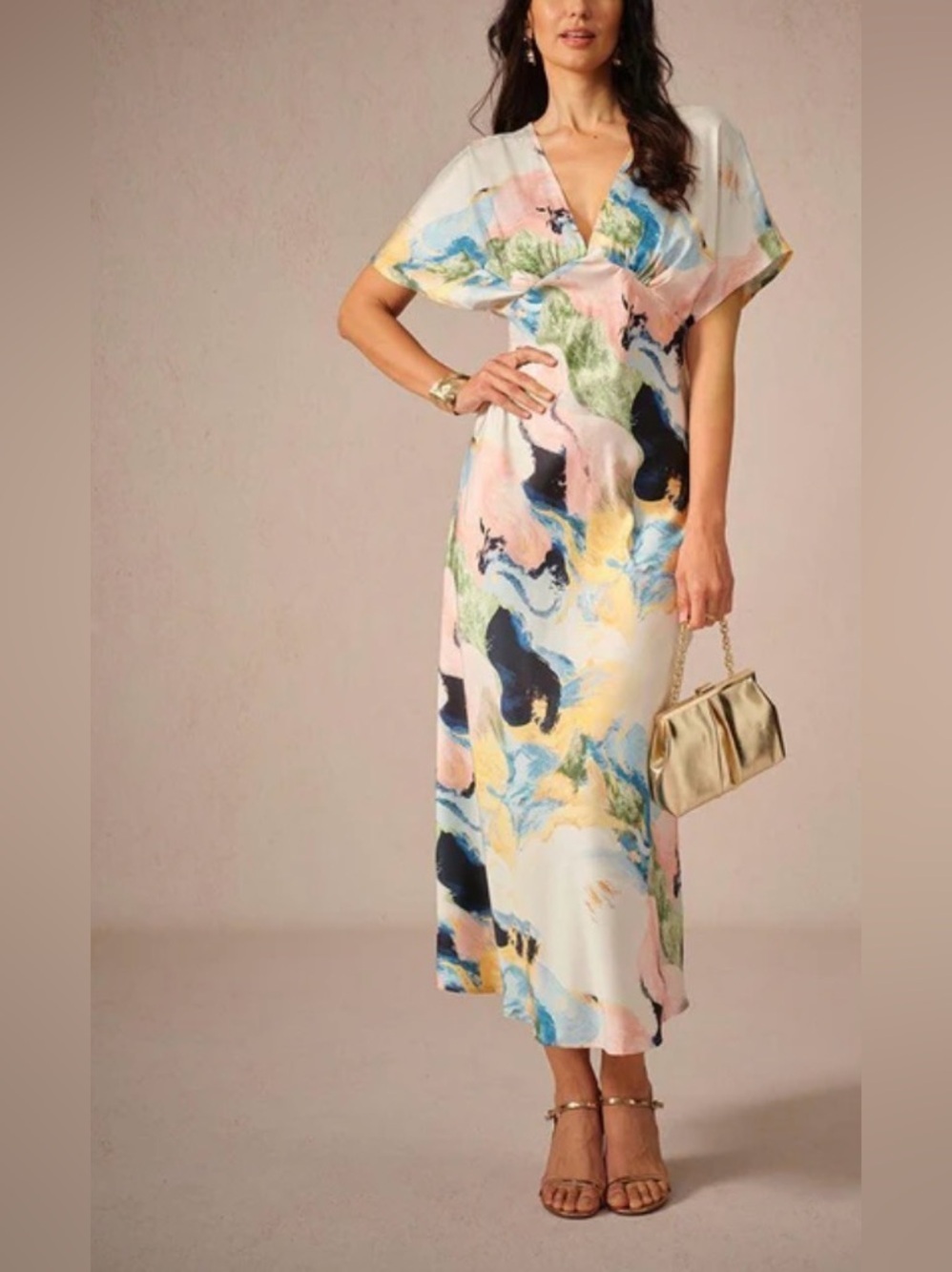 Abstract Print Satin Maxi Dress in Pastel Multi